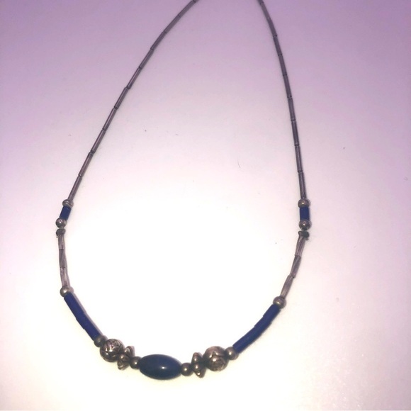 VTG Sterling Lapis Lazuli Heishi Tube Bead Liquid Silver Necklace 14” - Picture 5 of 8